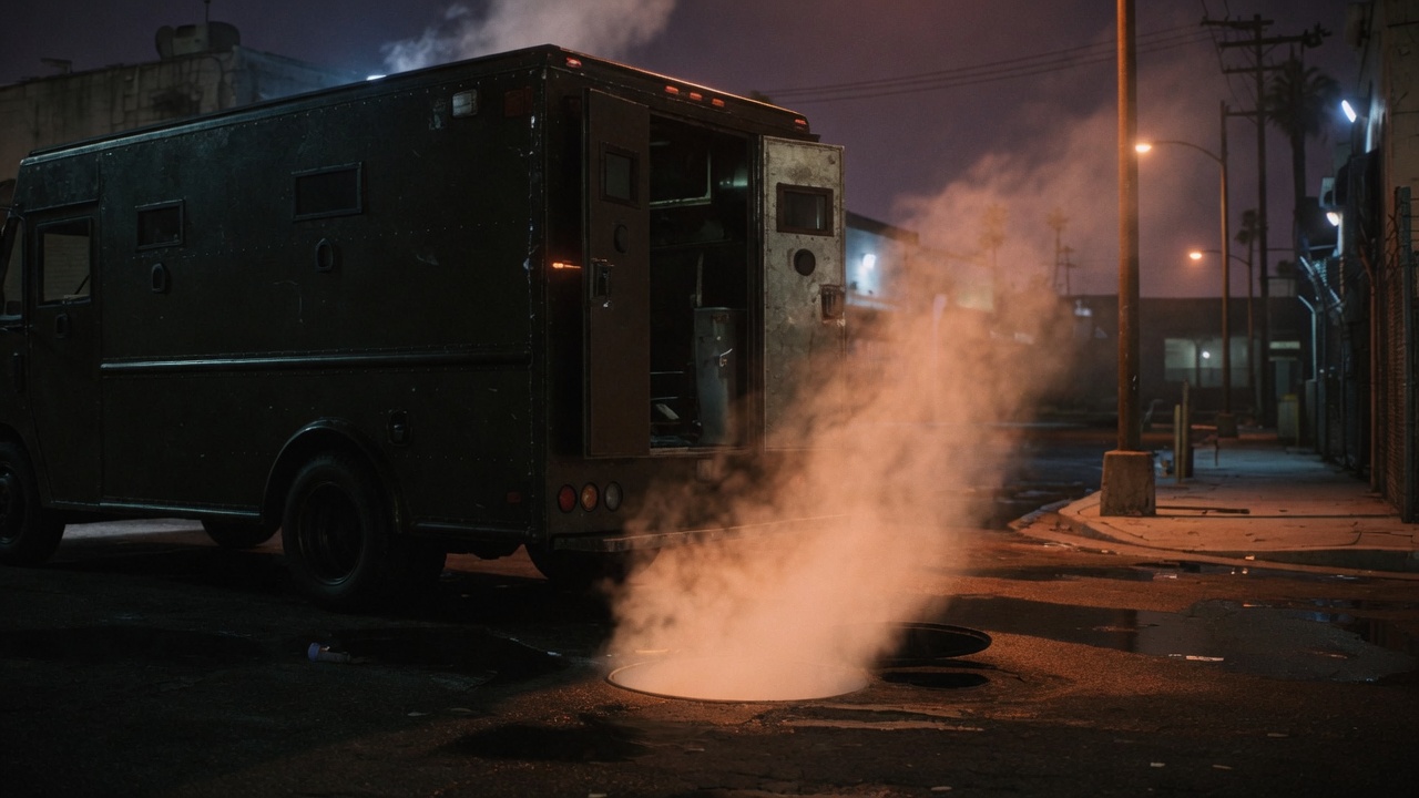 Closer on the open rear of the armored truck and the sodium-lit steam.