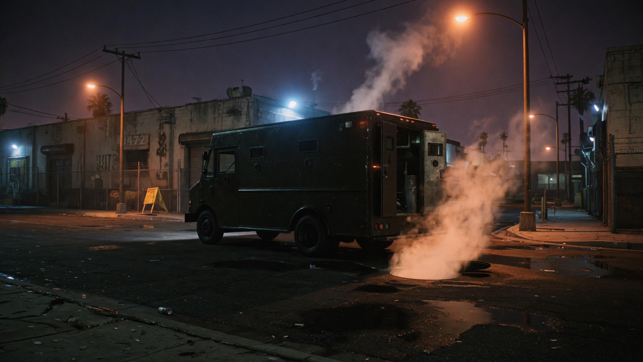 Armored truck on a wet industrial Los Angeles street at night, steam from a manhole.