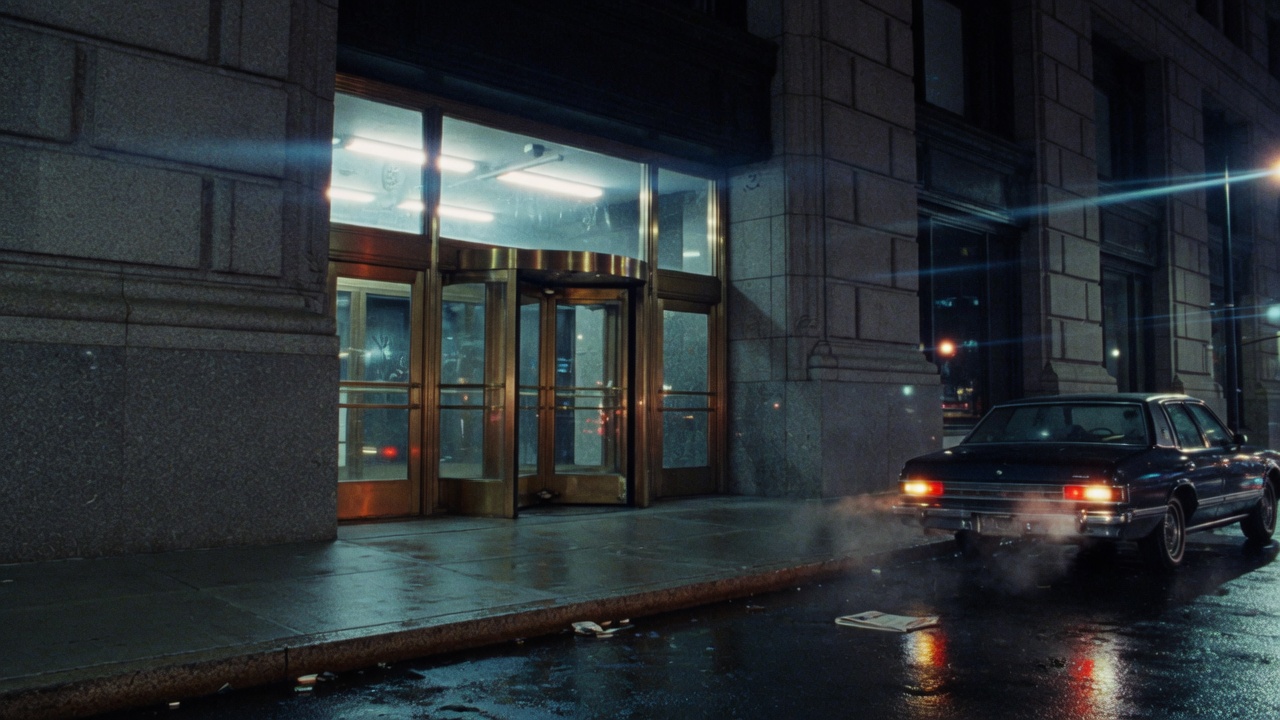 Granite bank entrance at night, a dark sedan idling at the curb.