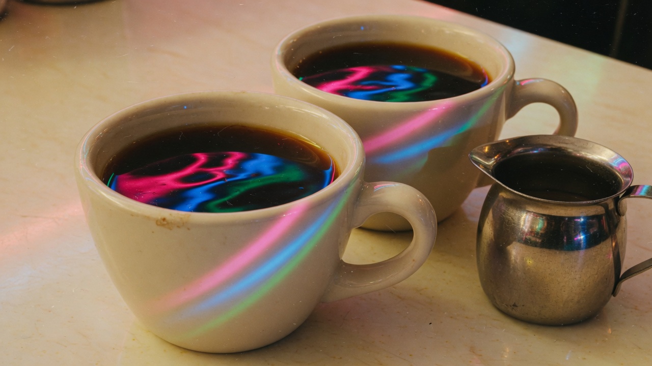 Two diner coffee cups on formica, neon streaking the black coffee.