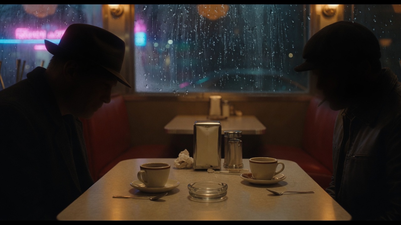 Closer on the two coffees, chrome napkin dispenser, rain on the window.