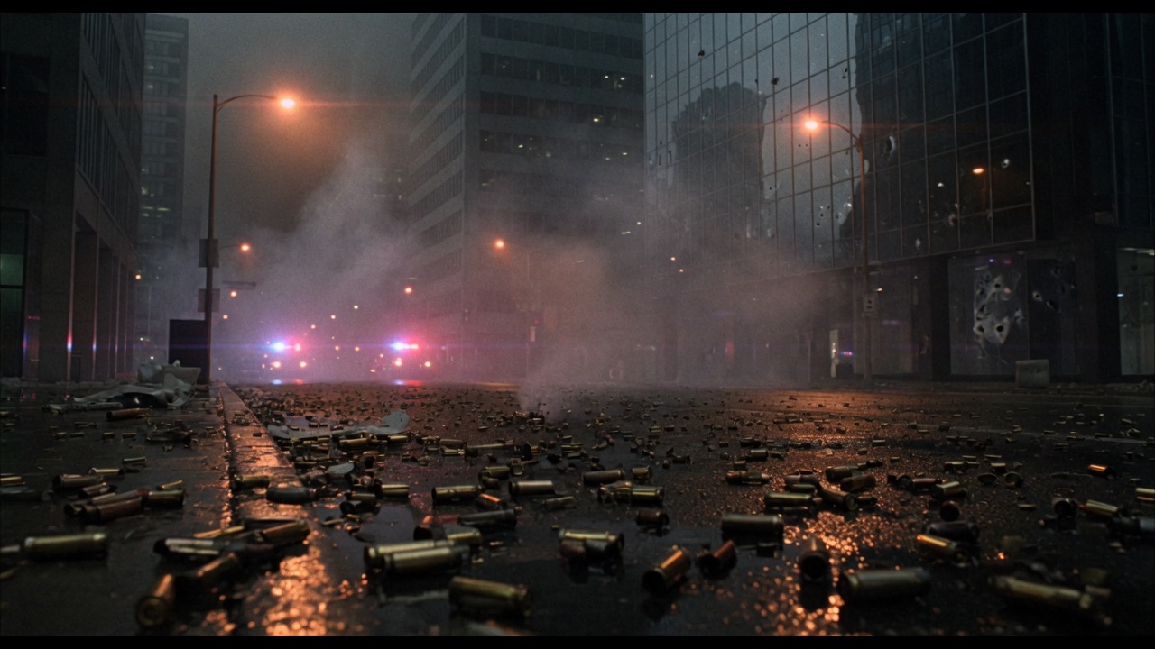 Pushing down the same street, brass casings covering the wet asphalt.