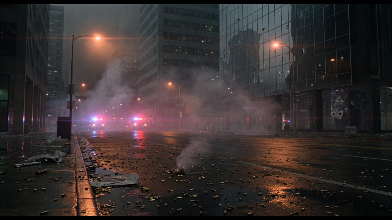 Empty downtown Los Angeles street after a firefight, smoke and spent casings.