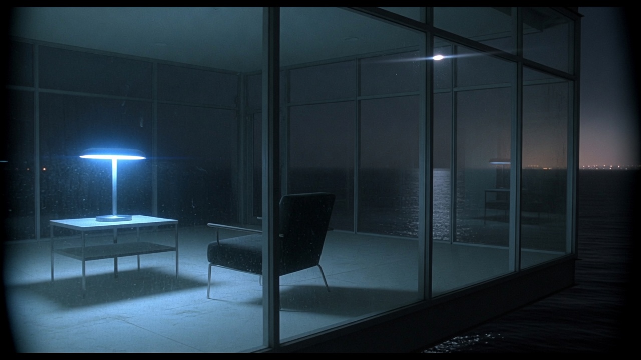 Closer through the glass to the empty armchair and cool blue lamp.