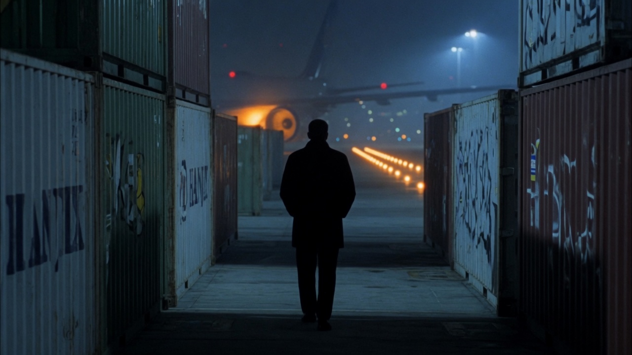 The same figure walking the corridor of containers toward a waiting jet.