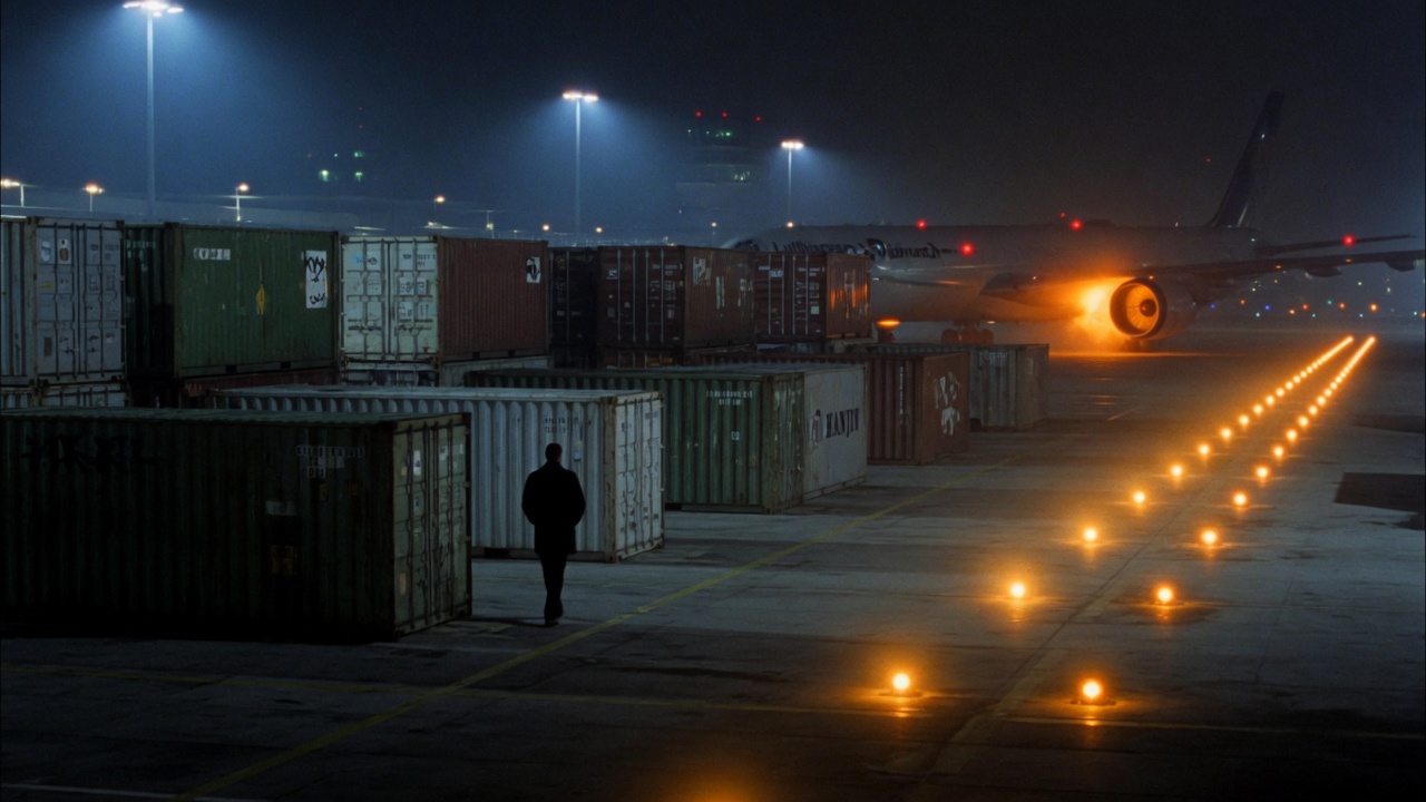 Airport cargo tarmac at night, a silhouetted figure walking between containers toward landing lights.